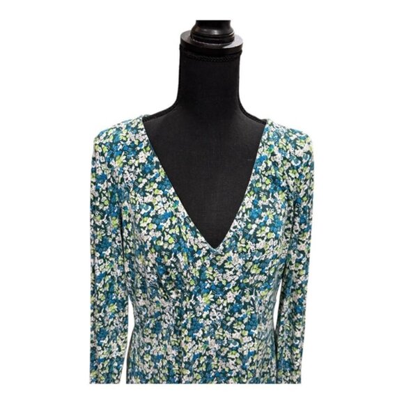 BP Dress Womens XL Blue Green Floral Long Sleeve V Neck Stretch Boho Casual - Picture 2 of 11